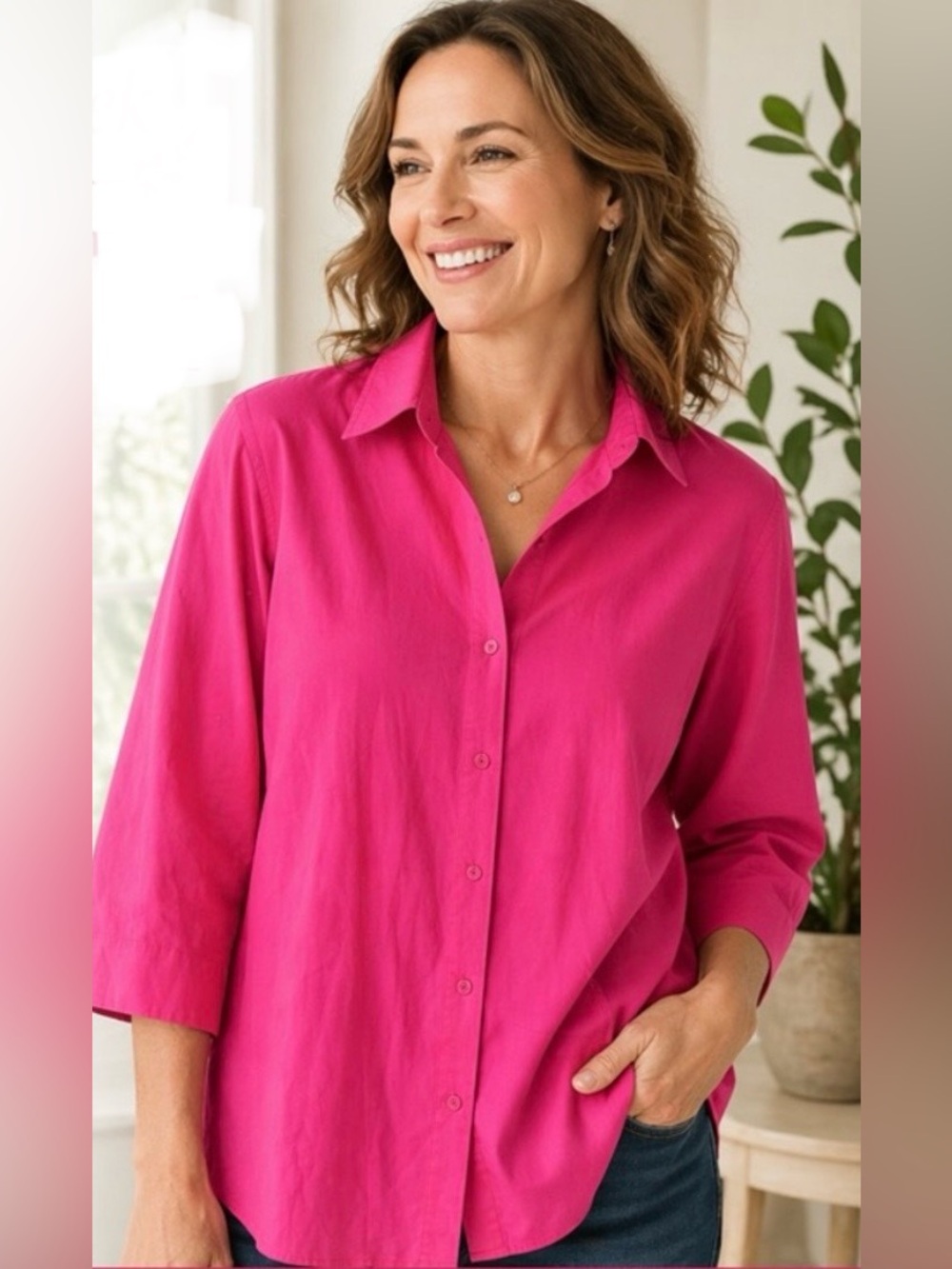 Coldwater Creek Button-Front 3/4 Sleeve Shirt - Hot Pink